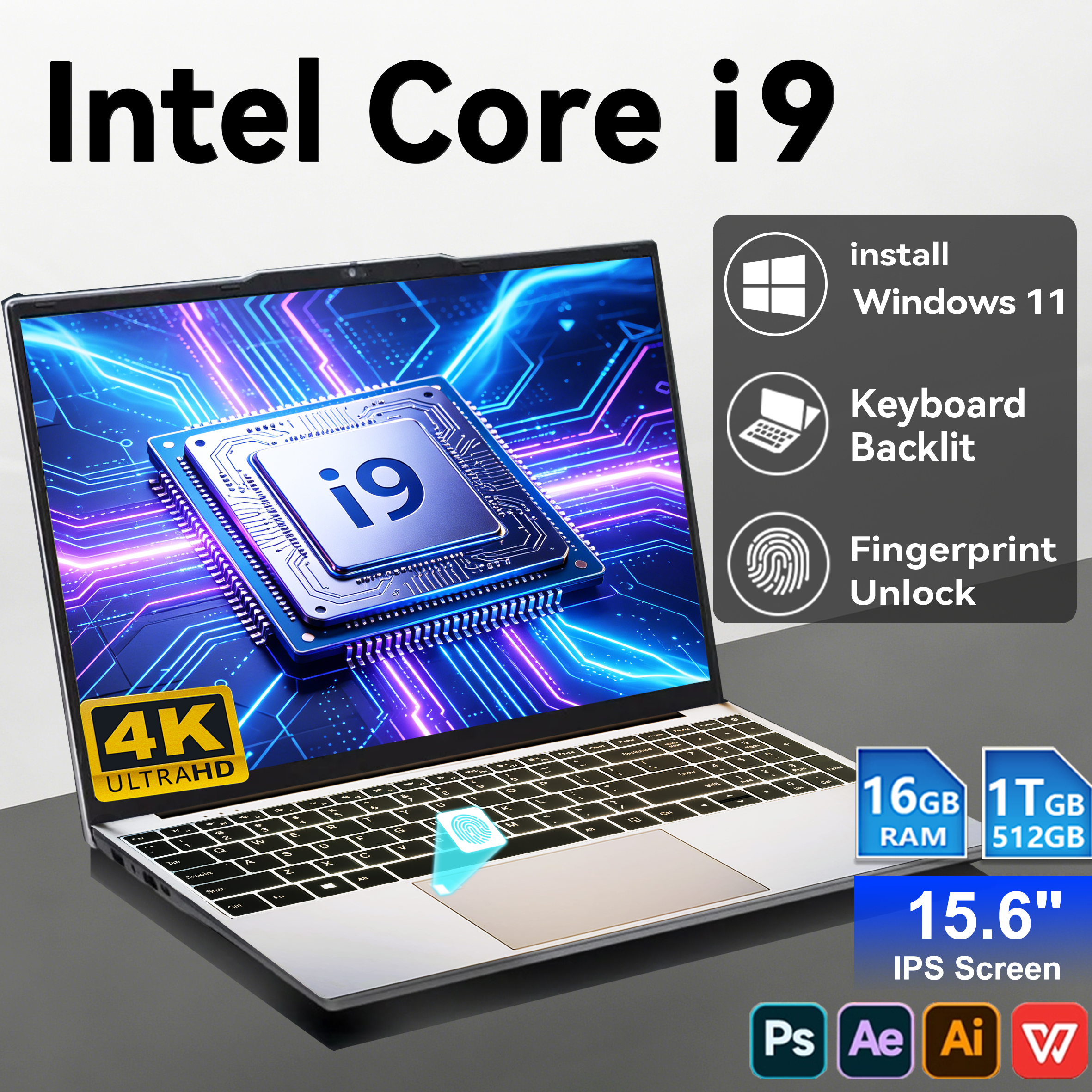 Laptop 15.6" Windows 11 i9 2026, Computer Portatile Intel Core i9 10980HK 16GB 1TB, Computer per Ufficio con Sblocco Impronta Digitale, Notebook PC