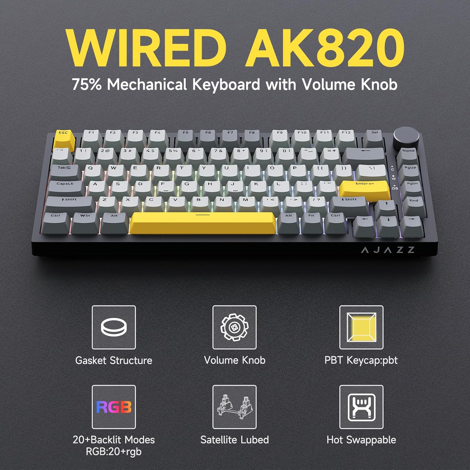Teclado Mecánico con Cable Ajazz AK820, Teclado Gaming 75% con Perilla de Control de Volumen, Distribución QWERTY, 82 Teclas, Almohadilla de Aislamiento Acústico de Cinco Capas, RGB con Orientación Sur, Hot Swap de Teclas Completas