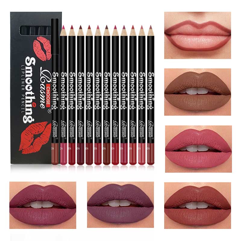 Set pena garis bibir 12 warna, fesyen batang hitam tahan air tidak lengket mudah diwarnai lipstik
