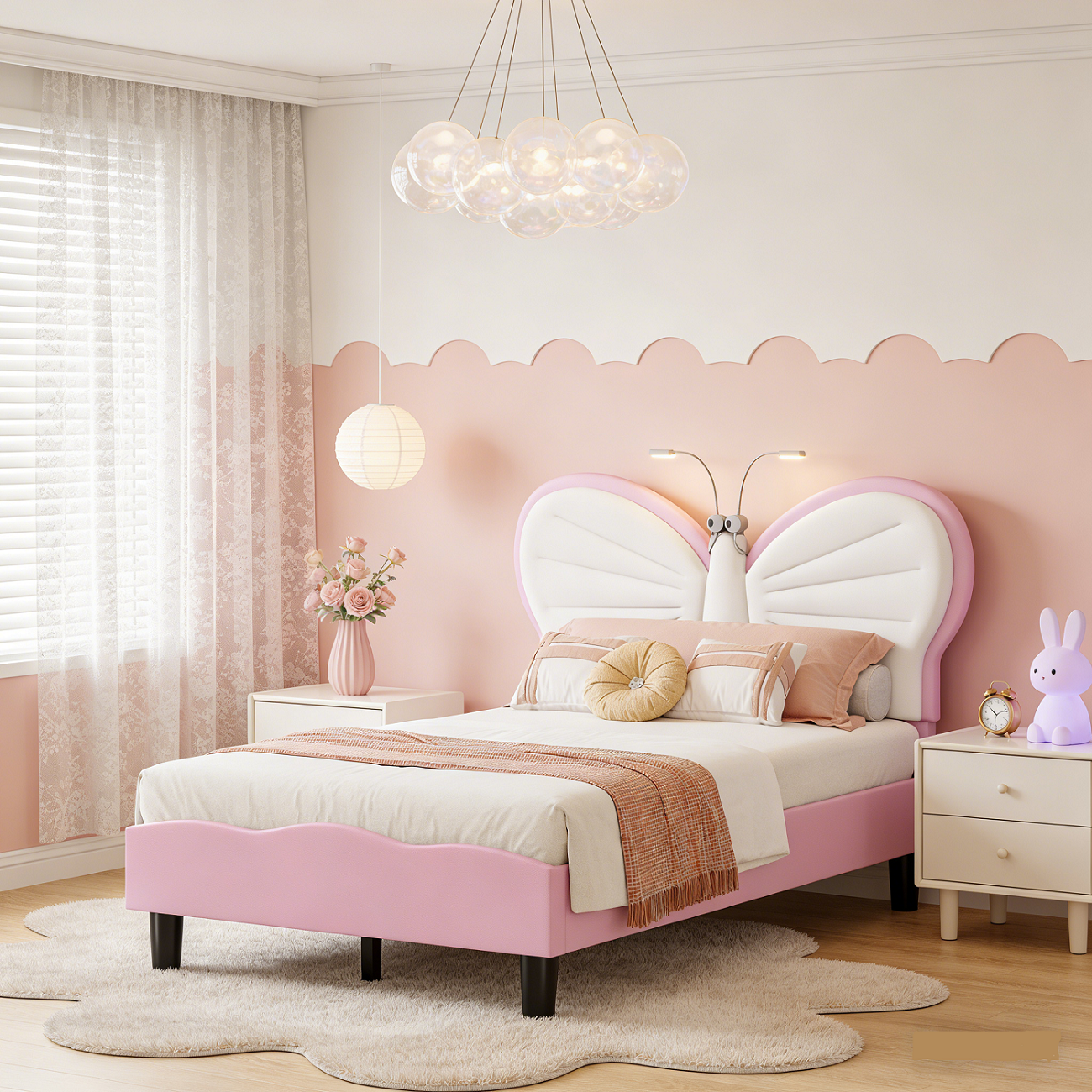 lit Enfant Fille 90x200, Lit Simple rembourré avec LED,Lit Princesse avec Tête de Lits Réglable en Hauteur en Forme de Papillon