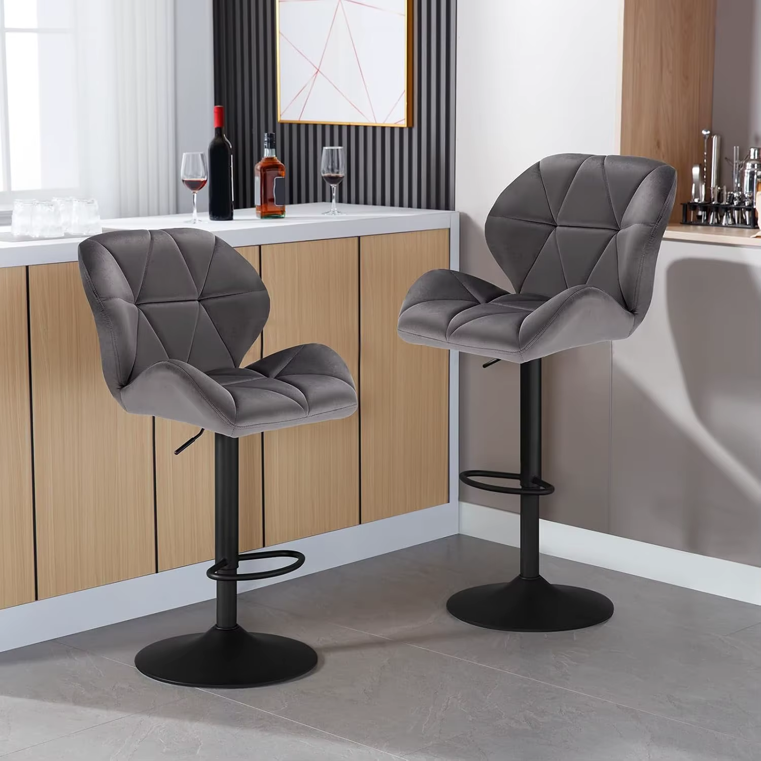 WOLTU 2PCs Bar Chairs Hight Adjustable Swivel Counter Bar Stools Gas Lift Steel Footrest Kitchen Island Breakfast Dining Stools