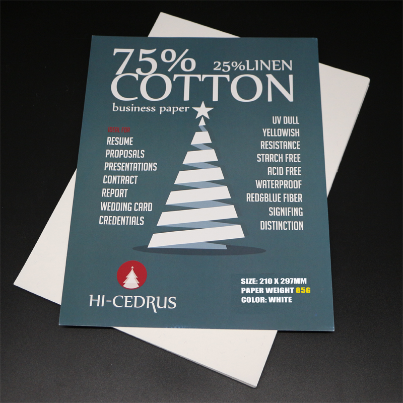 GCYT006-Papel de lino de 75% algodón, 25% G, A4, 210x297mm, color blanco con fibra visible roja y azul, sin almidón, resistente al agua, 50 hojas, 85gsm