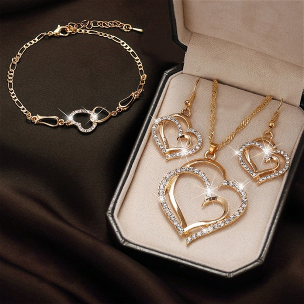 ประณีตหัวใจคู่สร้อยคอต่างหูสร้อยข้อมือชุดเครื่องประดับ Charm เครื่องประดับสุภาพสตรีแฟชั่นเจ้าสาวอุปกรณ์เสริมชุดของขวัญโรแมนติก