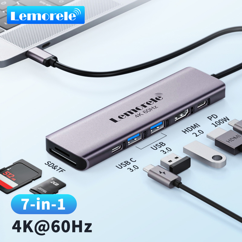 เลโมเรล 7-อิน-1 ยูเอสบีฮับ ด็อคกิ้งสเตชั่น USB-C ฮับ HDMI 4K 60Hz USB 3.0 อะแดปเตอร์ PD100W ชาร์จสำหรับแมคบุคโปรแล็ปท็อปอุปกรณ์เสริม