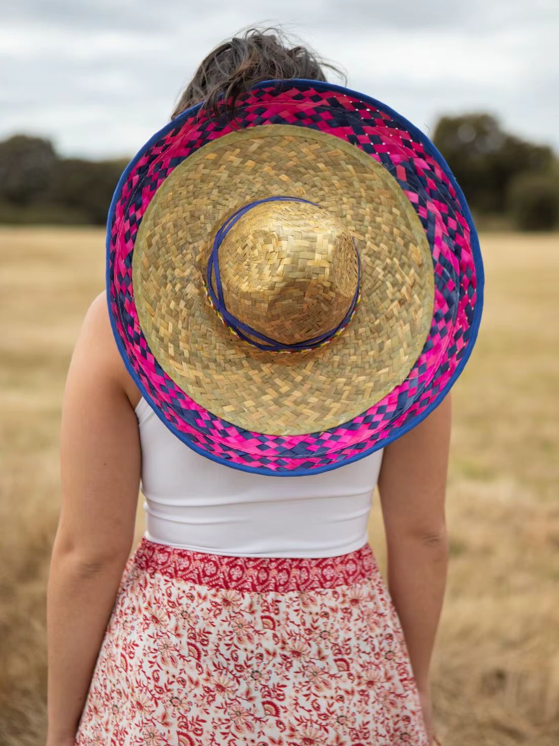 Chapeau de paille mexicain Sombrero, avec motif bleu
