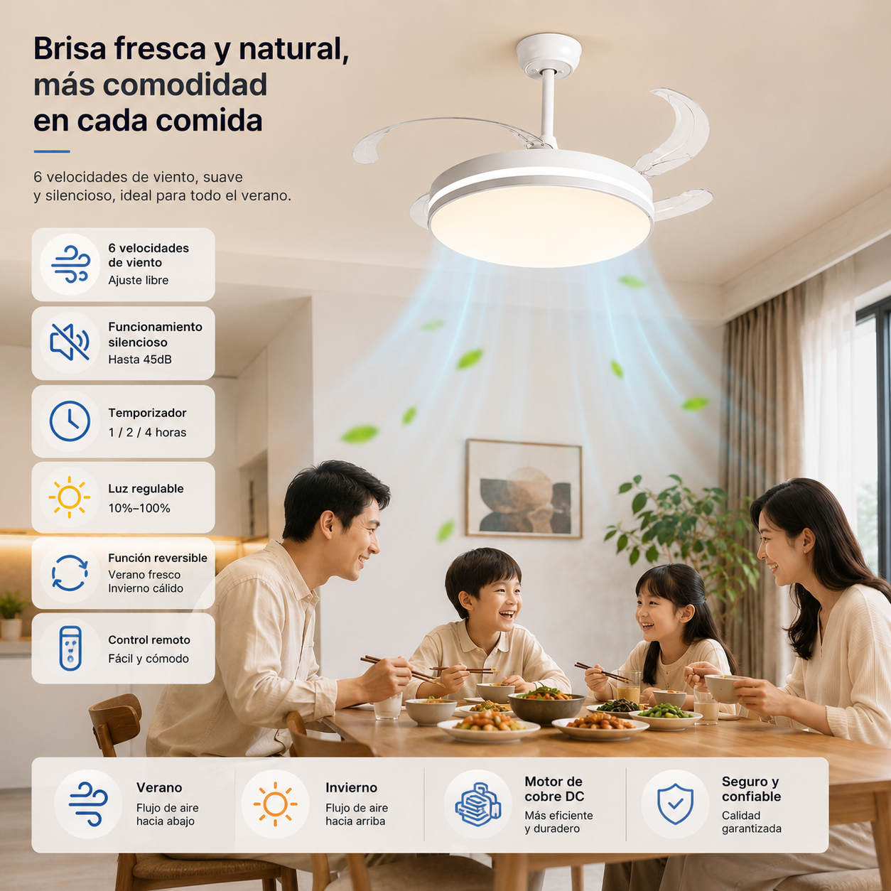 Ceiling Fan with Dimmable Led Light and Retractable Blades, Silent Dc Motor, 6 Speeds, Remote Control, Summer/Winter Function, White