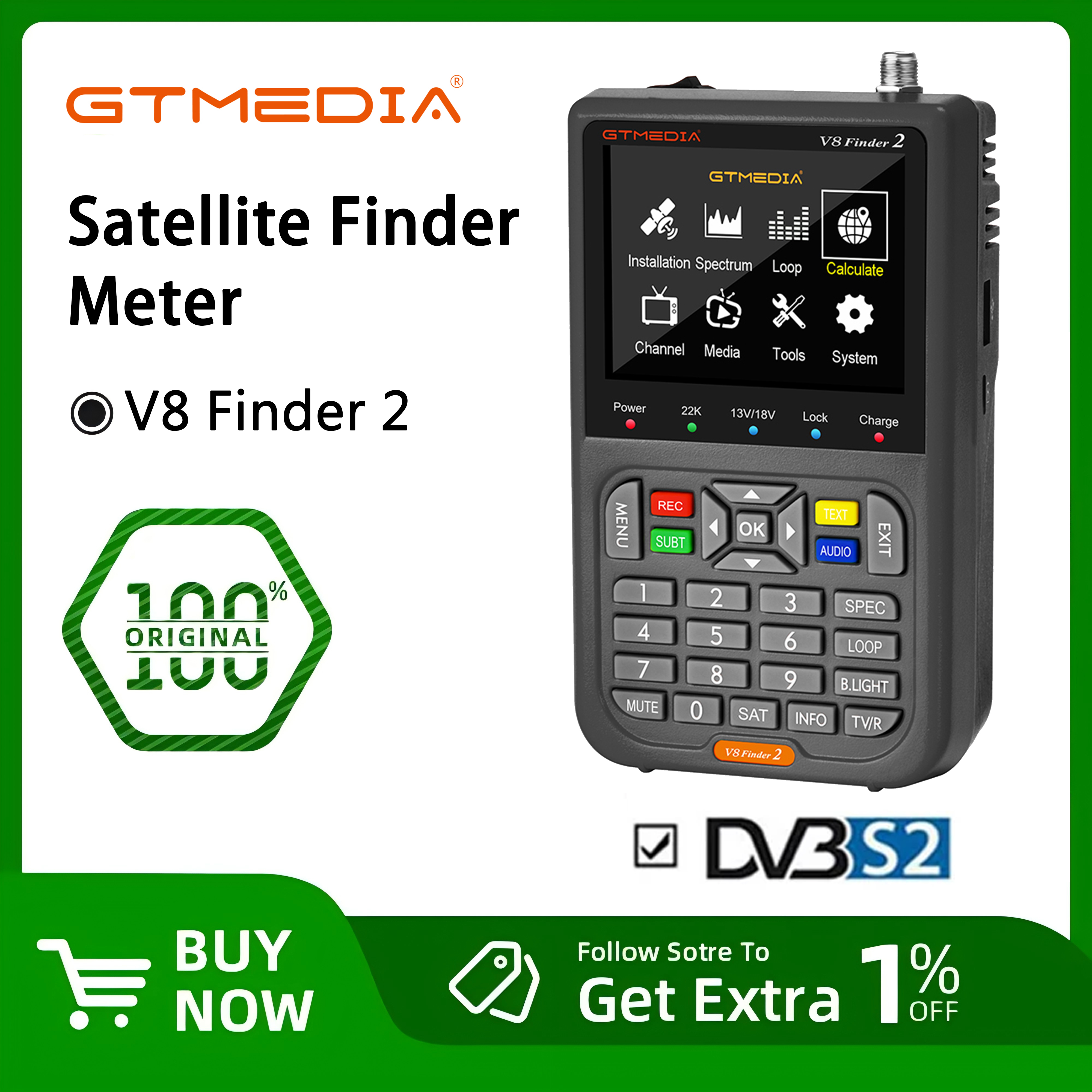 GTMEDIA V8 Finder 2 Satellite Finder Meter DVB-S/S2/S2X 3.5 นิ้วจอแสดงผล LCD 1080P, พอร์ต Type-C Satfinder VS Freesat Finder Meter