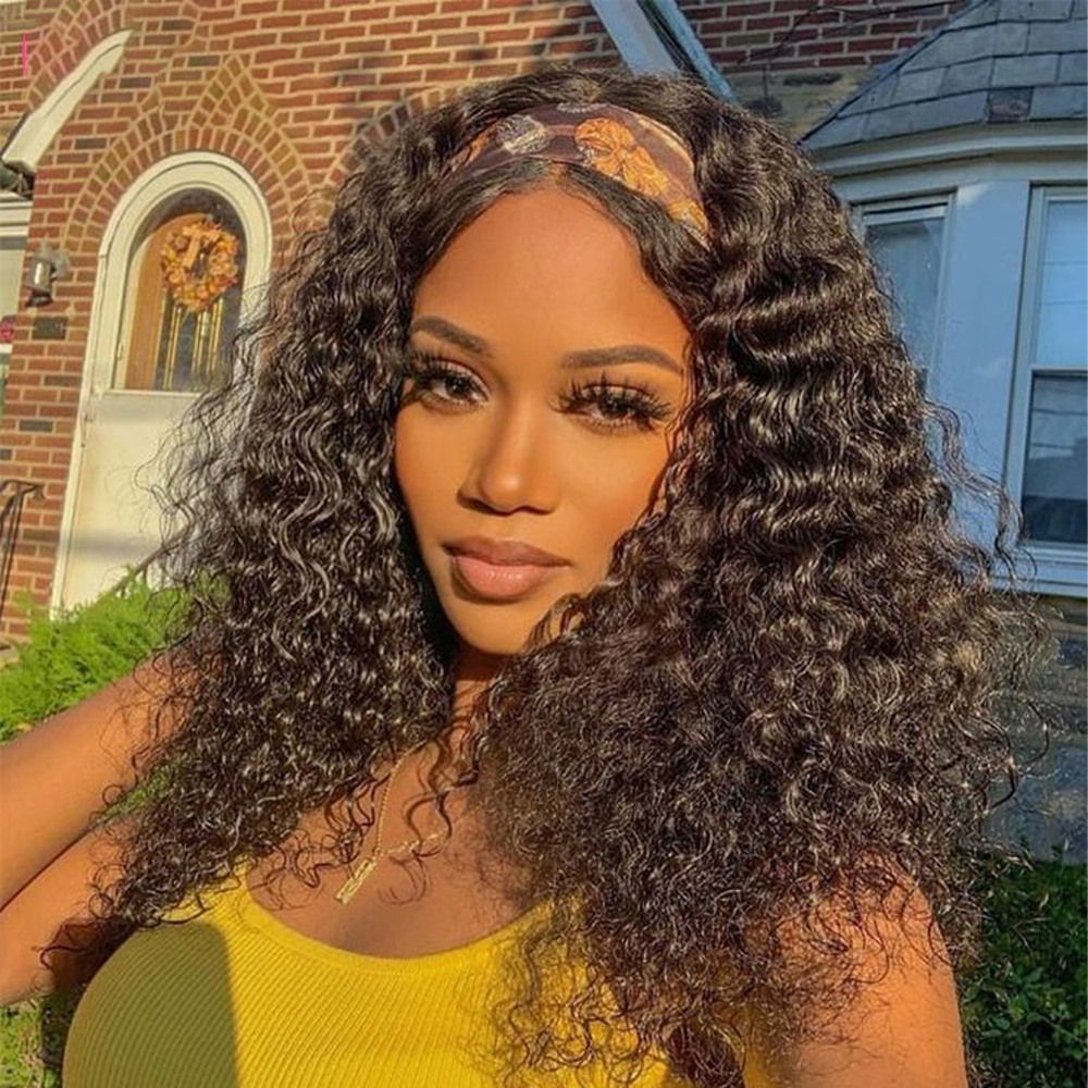 ผมมนุษย์HeadbandวิกผมKinky Curlyเต็มรูปแบบทําบราซิลRemy Human Hair Wigsสําหรับผู้หญิง 150%