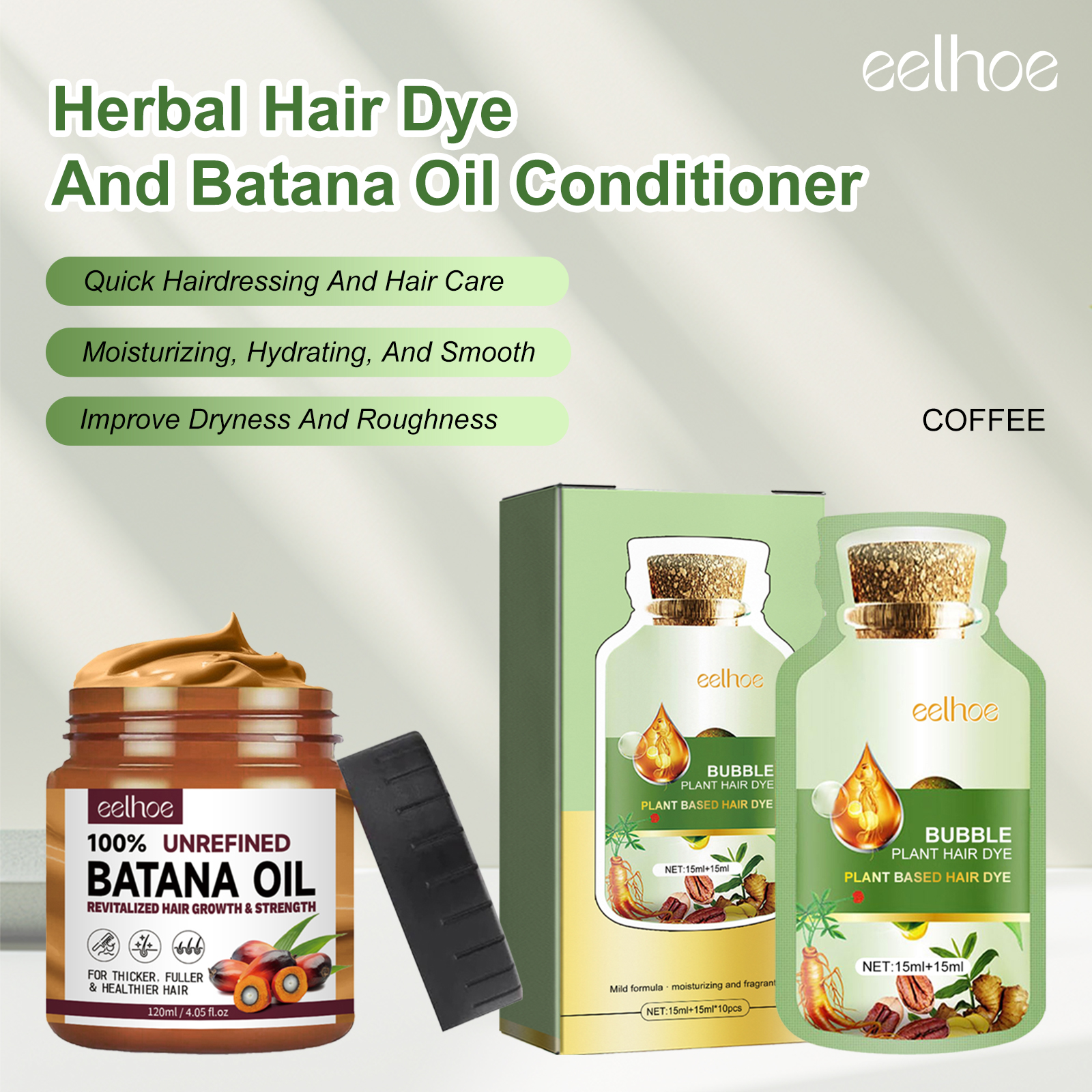 Eelhoe, 10 Uds., champú para teñir el cabello con burbujas de hierbas, aceite de Batana, acondicionador para el cabello, cubierta para el cabello blanco, cuero cabelludo gris, nutre el cabello, champú para teñir