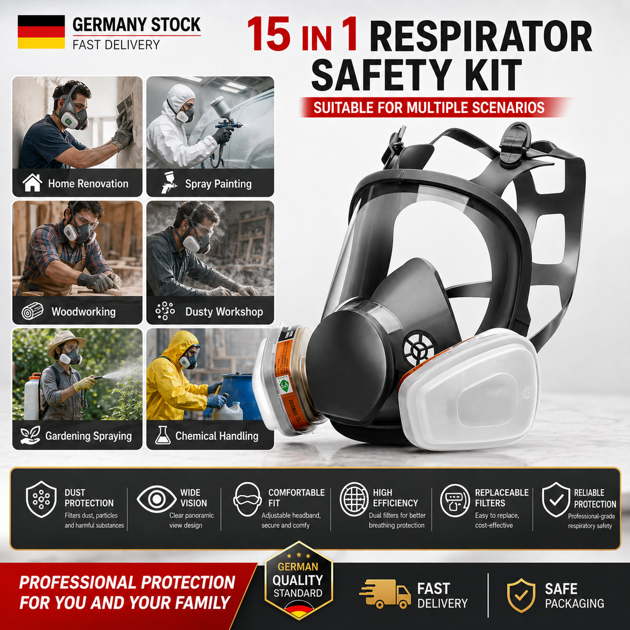 Masque à gaz intégral 15-en-1 Modèle 6800, équipement de protection respiratoire réutilisable contre les vapeurs de produits chimiques, les pulvérisations de peinture et les produits nocifs