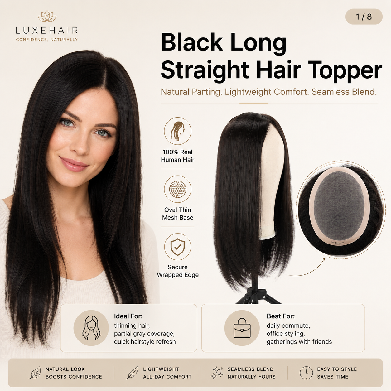 TUW06 Top de cabello brasileño exuberante para mujer, adornos de cabello humano únicos, pieza de cabello de aspecto Natural para una densidad de cabello mejorada, pieza humana