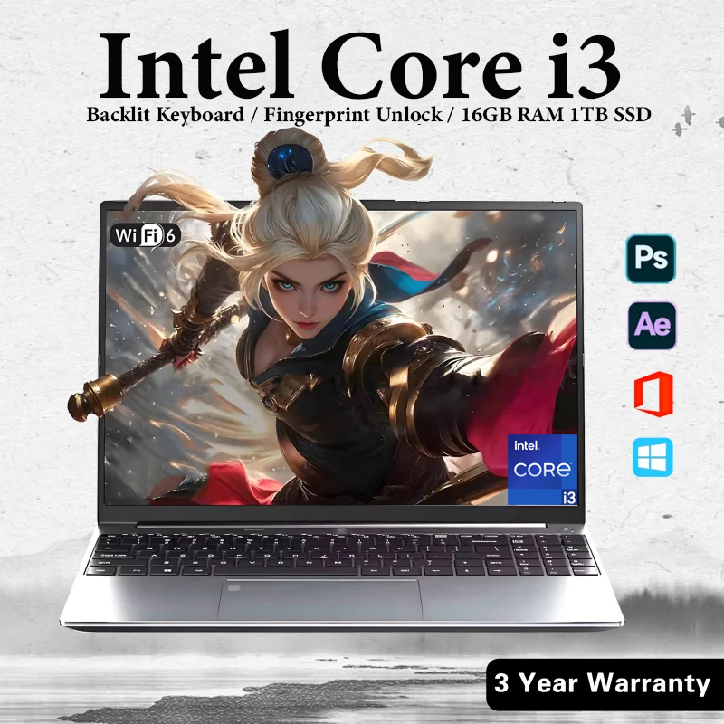 FUCHU 15,6“ draagbare vingerafdruksensor met achtergrondverlichting toetsenbord laptopcomputer 16GB DDR3 RAM 1TB 2TB SSD Intel i3-6006U notebook Windows 11 laptops kantoor studie game pc-laptop
