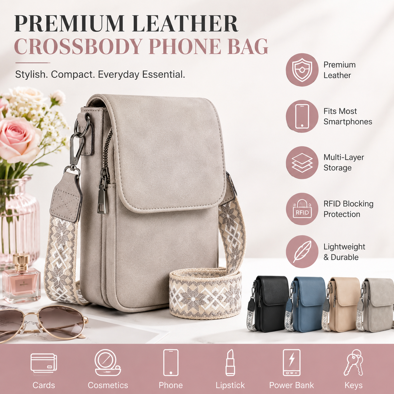 Bolsa transversal feminina da moda, design com vários bolsos, alça de ombro ajustável, mini bolsa de ombro.