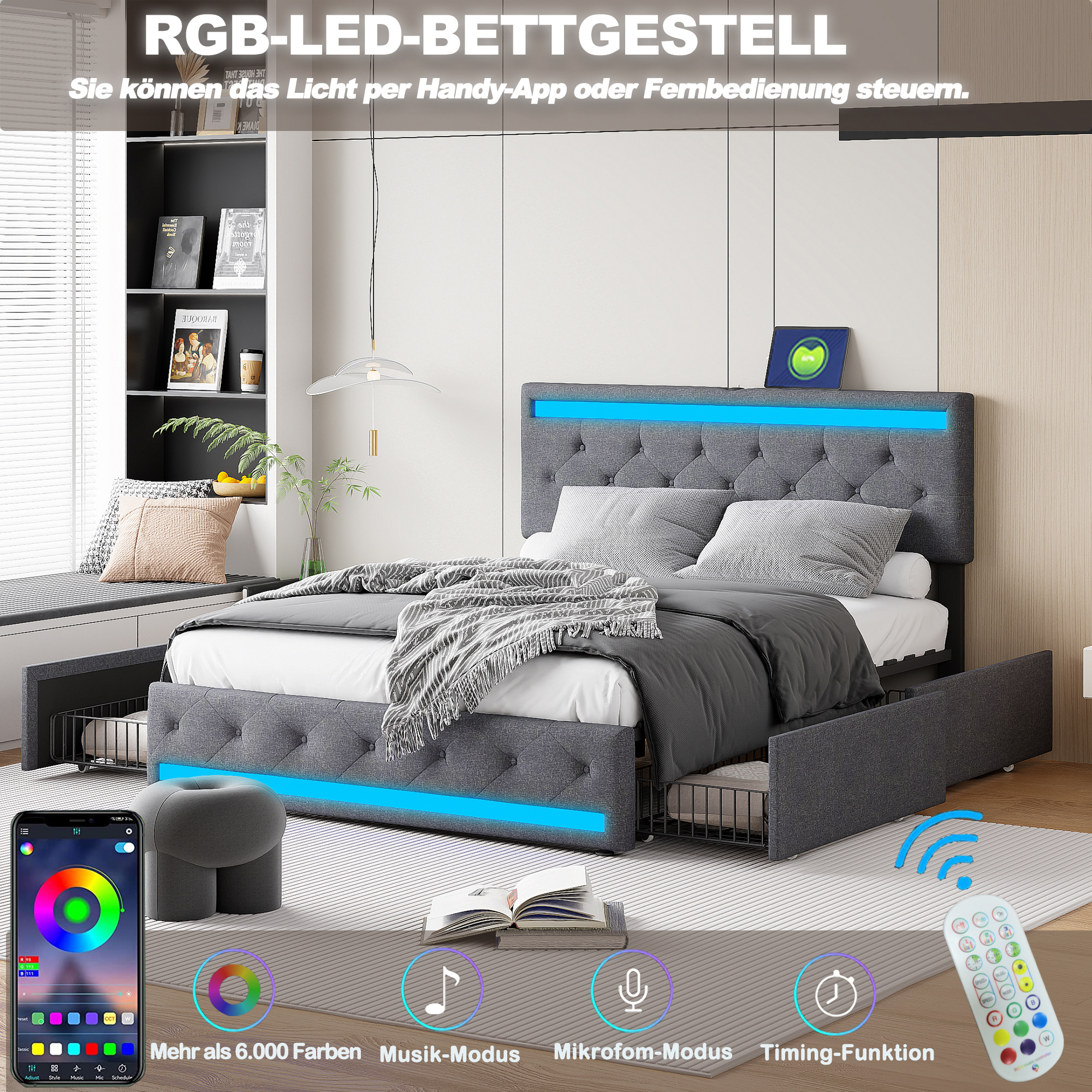 Armação de cama estofada com cabeceira de carregamento USB, iluminação LED, 4 gavetas, armazenamento duplo, 140x200 cm