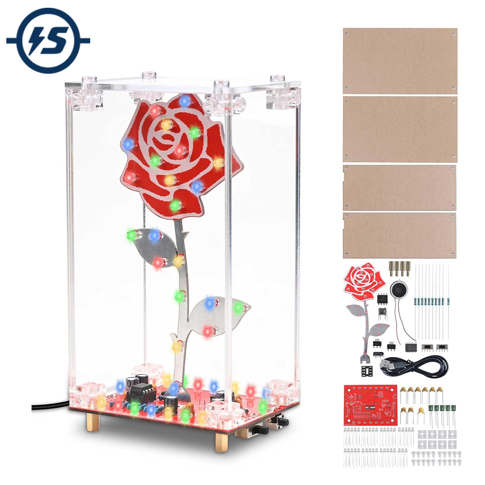 Kit de Práctica de Soldadura DIY: Proyecto Electrónico de Flor LED con Caja Acrílica, Luz Intermitente y Música Integrada