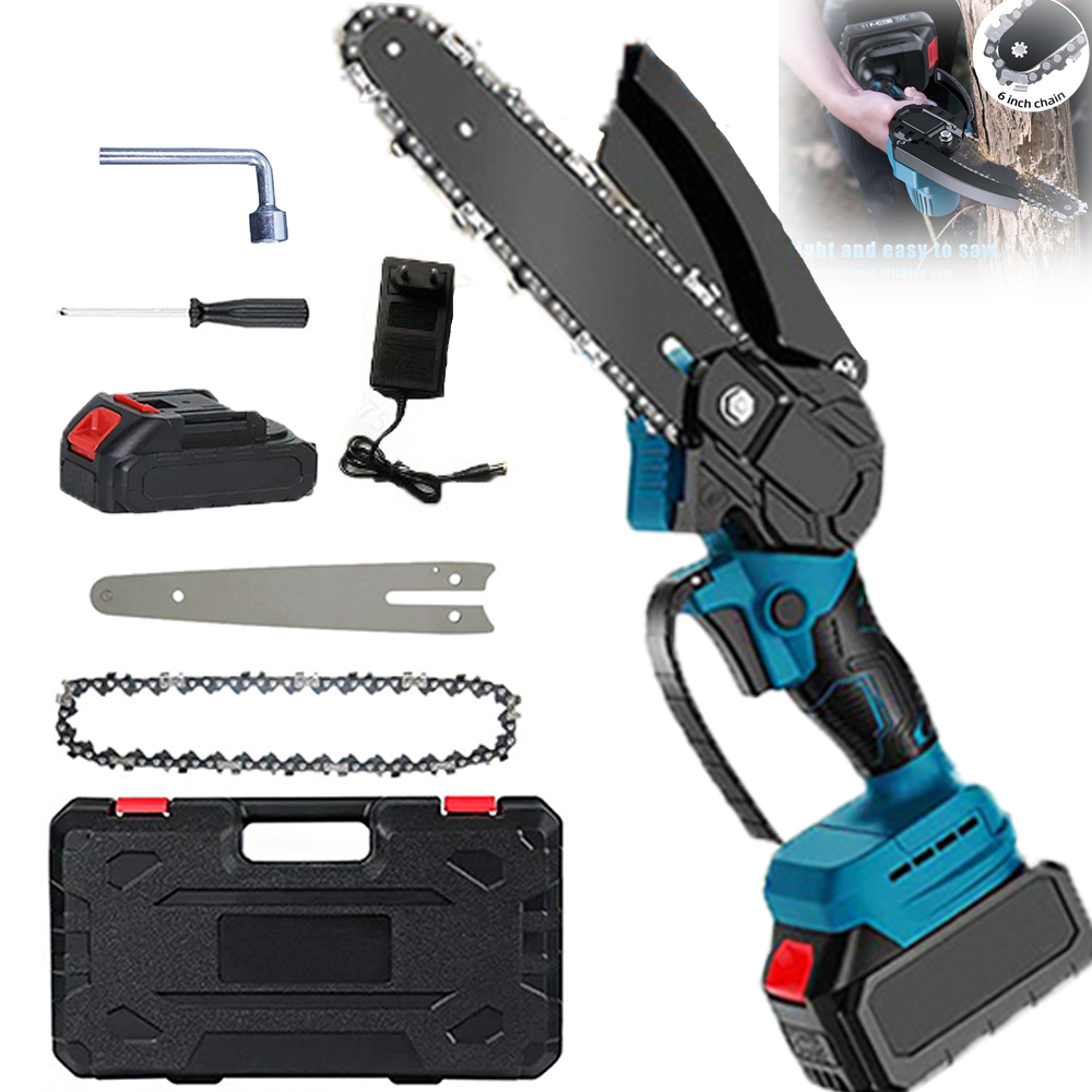 WIWISH-sierra de cadena eléctrica inalámbrica de 6 pulgadas, motosierra de mano para registro de jardín, herramienta eléctrica de corte de madera para Pin de batería Makita de 21V