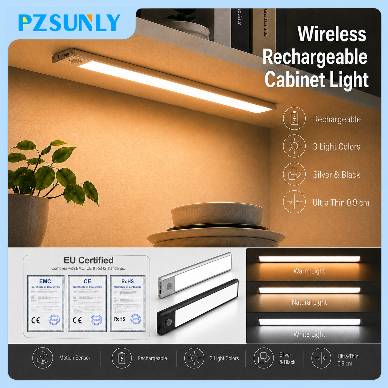 PZSUNLY Luce notturna a LED USB Type-C ricaricabile con sensore di movimento Lampada a LED ultrasottile da 0,9 cm per illuminazione di armadi e guardaroba da cucina 20 cm/30 cm/40 cm/50 cm