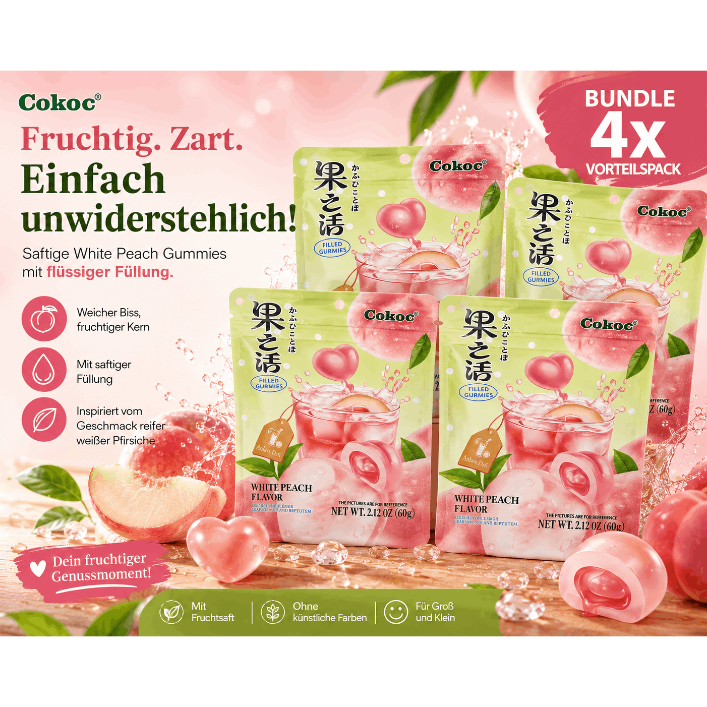 4x Cokoc Gefüllte Gummibärchen Weißer Pfirsich 60g – Fruchtgummi mit flüssiger Füllung, 240g