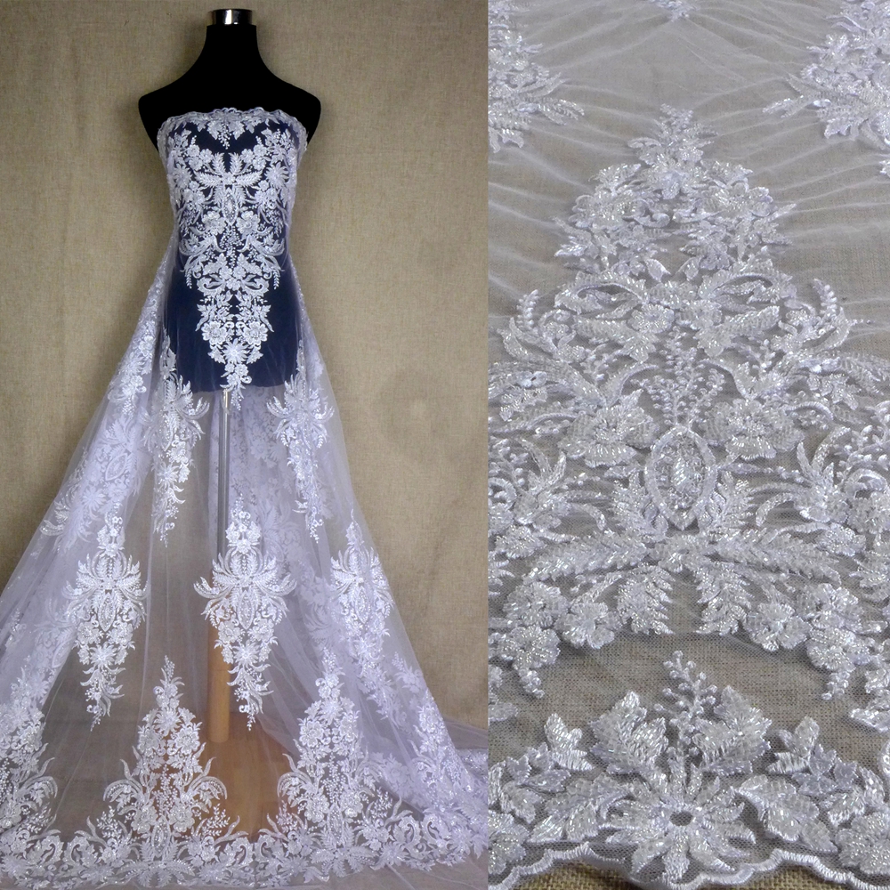 Kain renda berhias manik-manik berat warna putih bersih & gading, bordir motif besar untuk kain gaun pesta pernikahan, dijual per yard