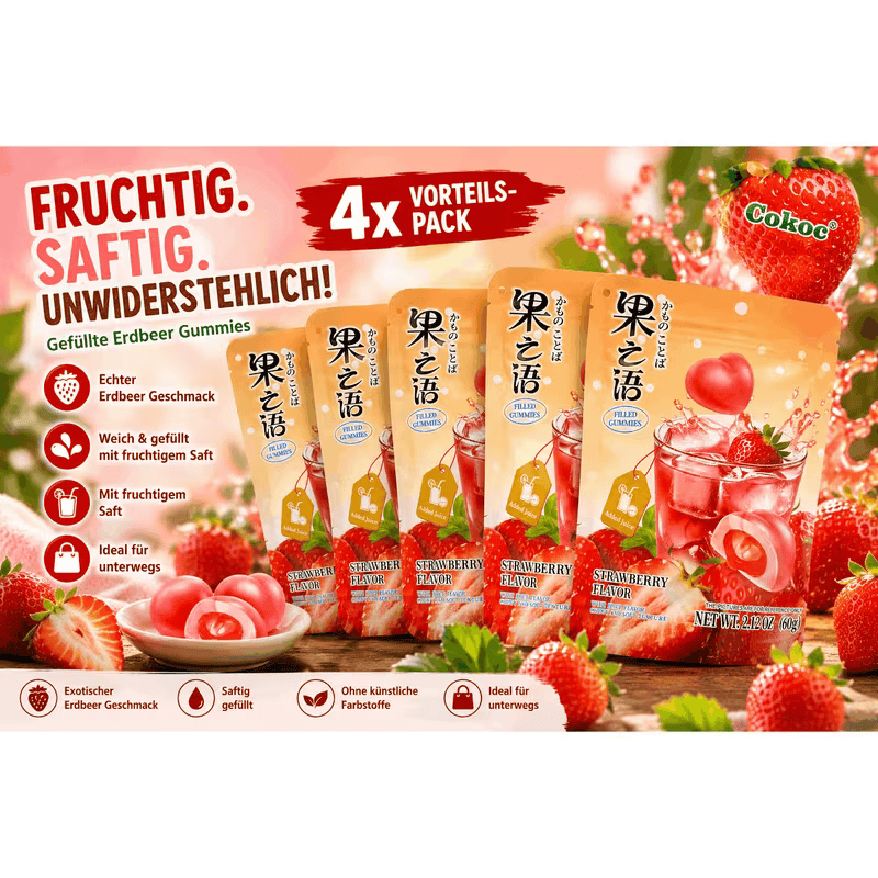 Cokoc Gummibärchen mit Erdbeerfüllung 4 x 60g (240g) – Fruchtgummi mit flüssigem Erdbeerkern – 4er Pack