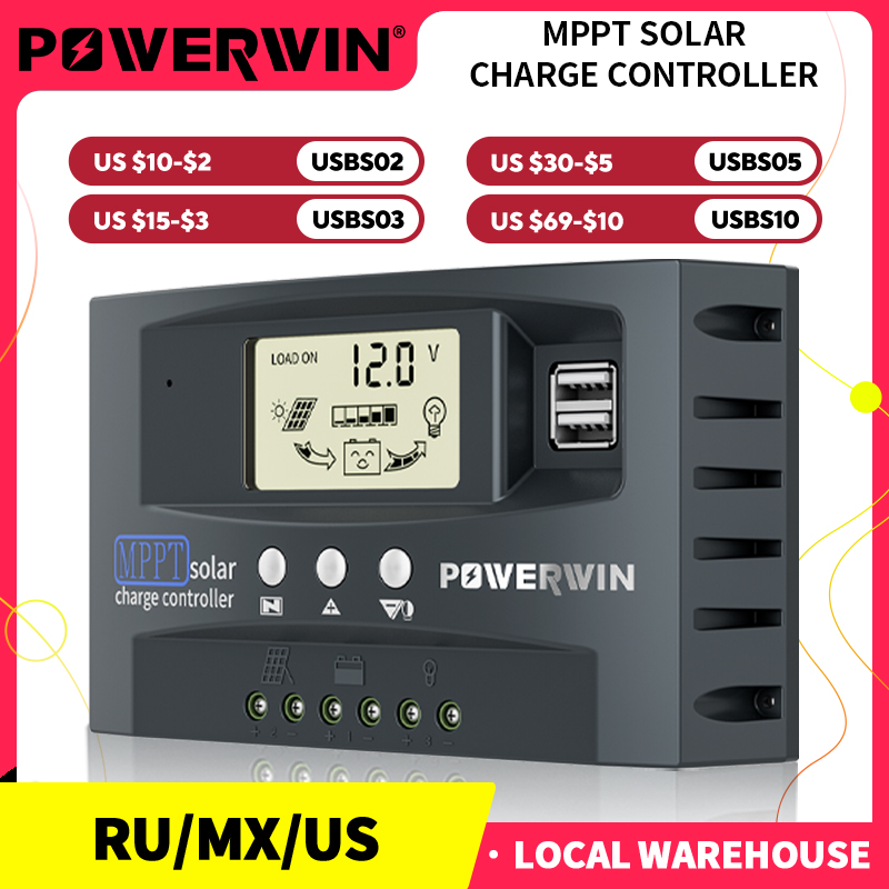 Contrôleur de charge solaire MPPT POWERWIN 30A 50A 12V 24V, régulateur solaire automatique, écran LCD, double USB pour batterie LiFePO4
