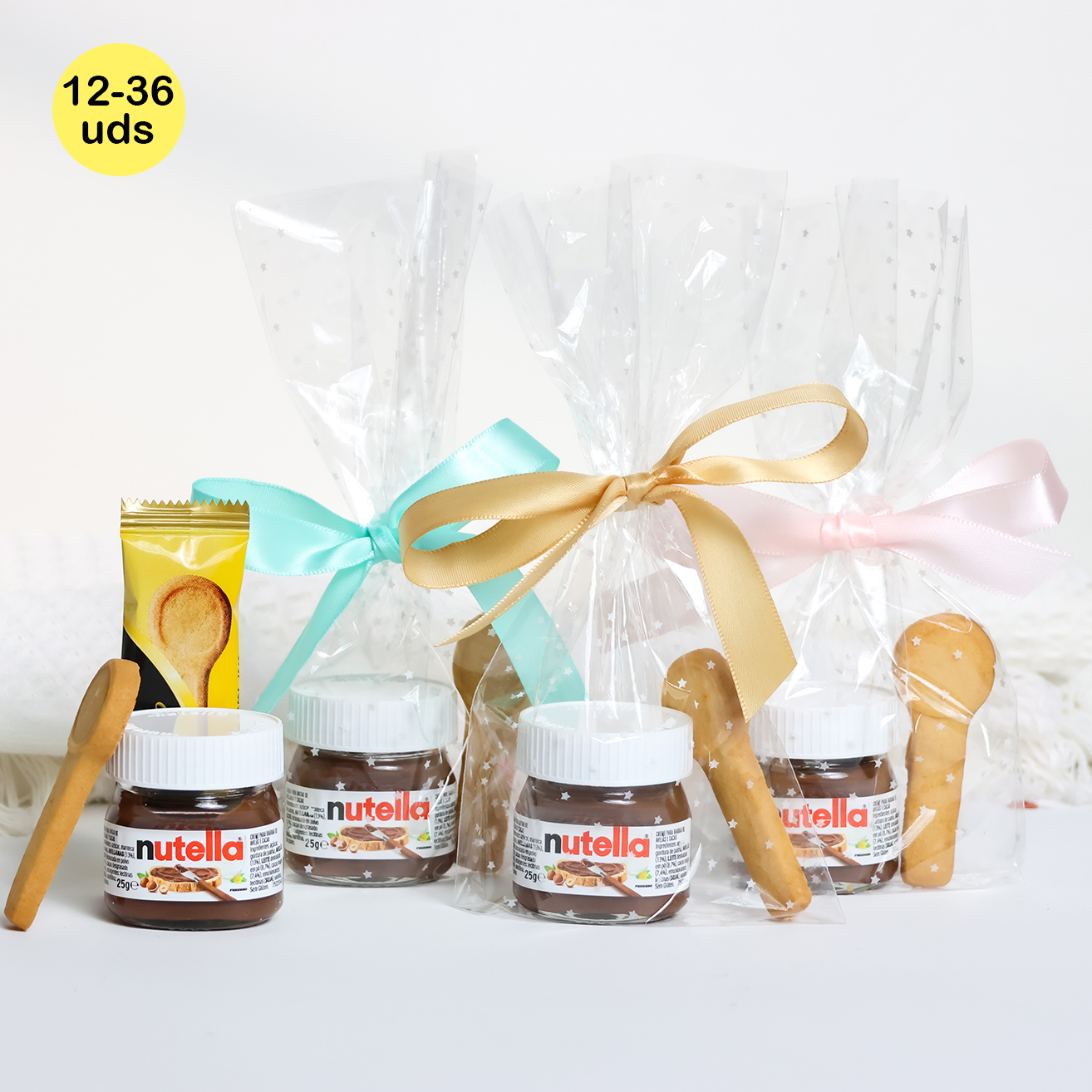 Lote de 12 a 36 unidades de Mini Nutella 25 g con Galleta Cuchara, Detalle Dulce para Invitados, Bolsita con Lazo, Comunión Bautizo Boda, mini nutella regalo, regalos comunión invitados, Recuerdos de boda, pack nutella eventos, Regalantes Store