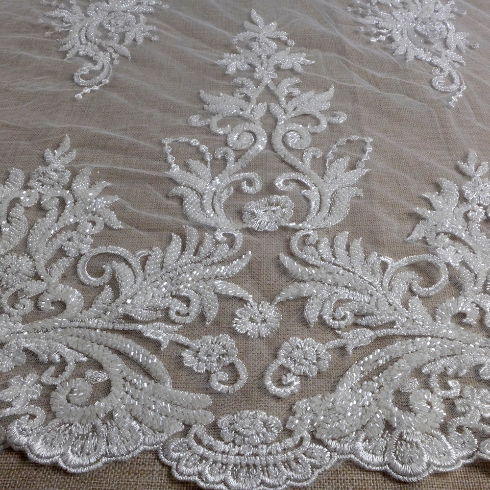 HelluyerDc Off-white beaded lace fabric,large patterns,two sides are same easy to cut for wedding prom dress fabric by the yard