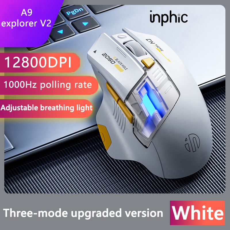 Bezprzewodowa mysz gamingowa Inphic A9 Explorer V2 z wyświetlaczem poziomu baterii 500mA, ergonomiczna mysz Bluetooth do biura, kompatybilna z PC i laptopami.