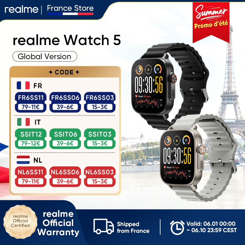 Versión Global del reloj inteligente realme Watch 5 con brújula y GPS independiente con 5 GNSS, pantalla AMOLED de 1.97 pulgadas, hasta 14 días de duración de la batería.