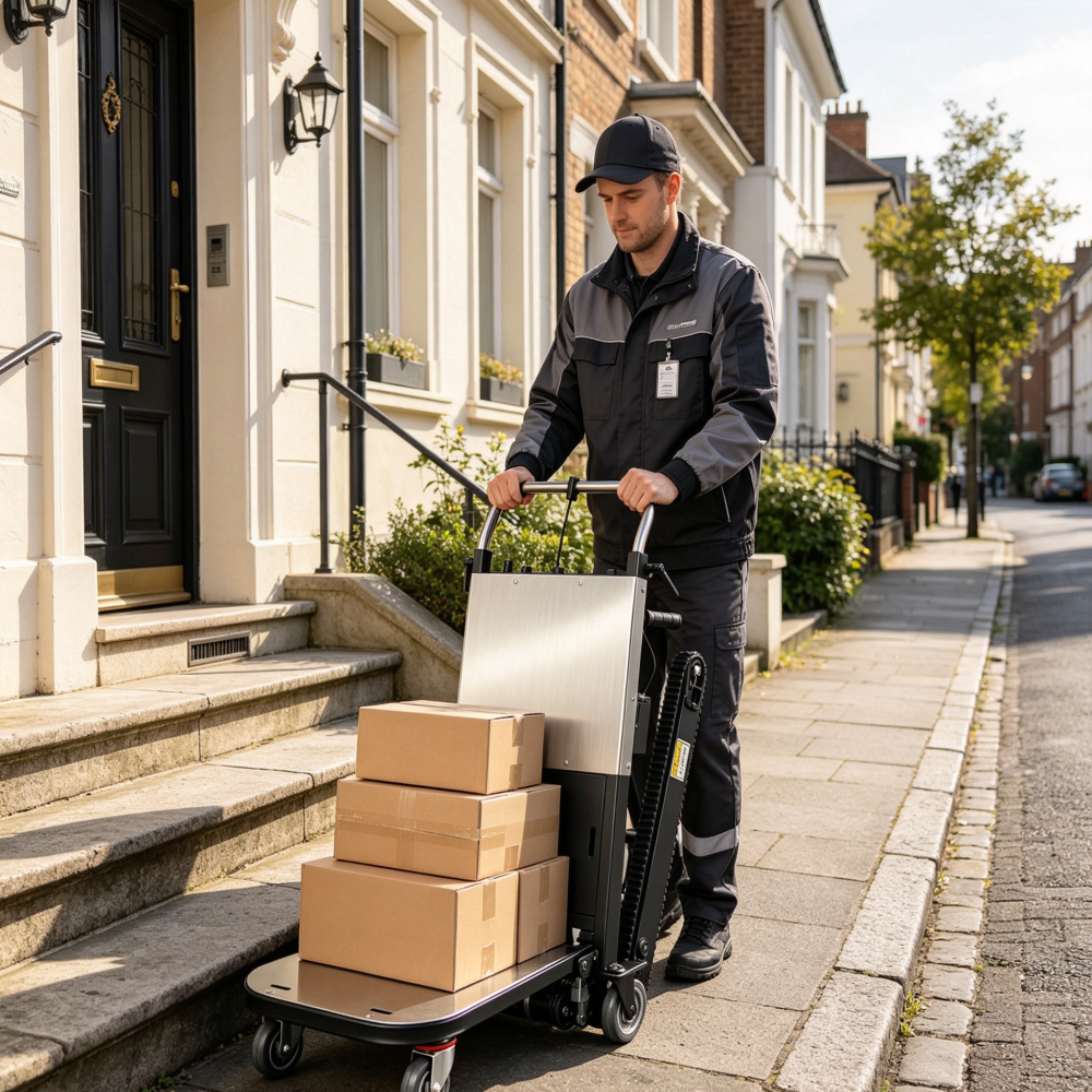 Chariot élévateur électrique pliable Diable, capacité 250 kg, chenilles en caoutchouc antidérapantes pour le transport de meubles et la logistique d'entrepôt
