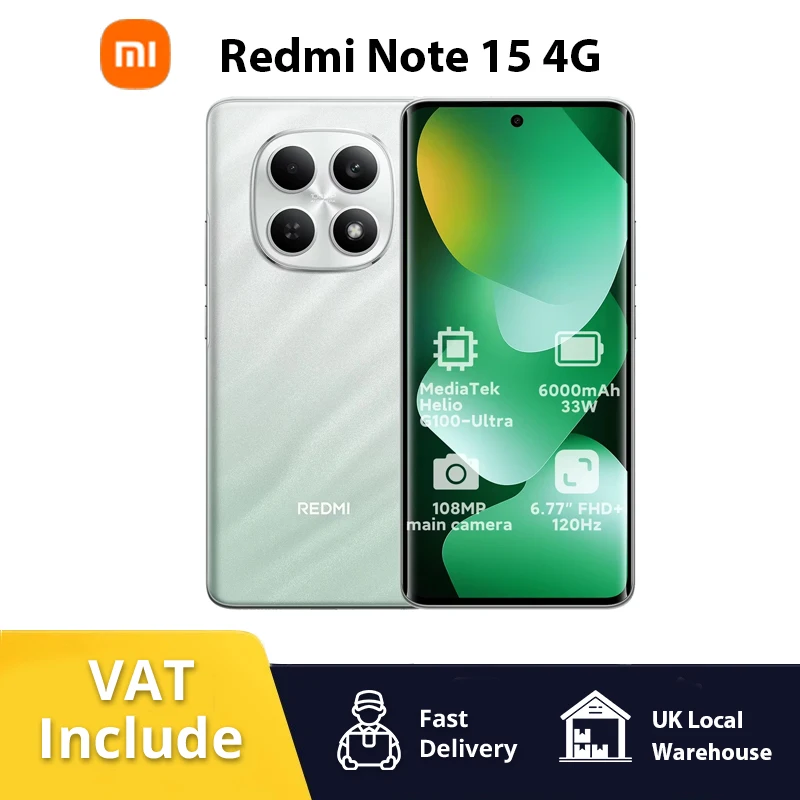 Smartphone Redmi Note 15 4G 6000mAh 33W Battery 108MP Dual Camera 6.77" AMOLED 120Hz Display Xiaomi Cellphone