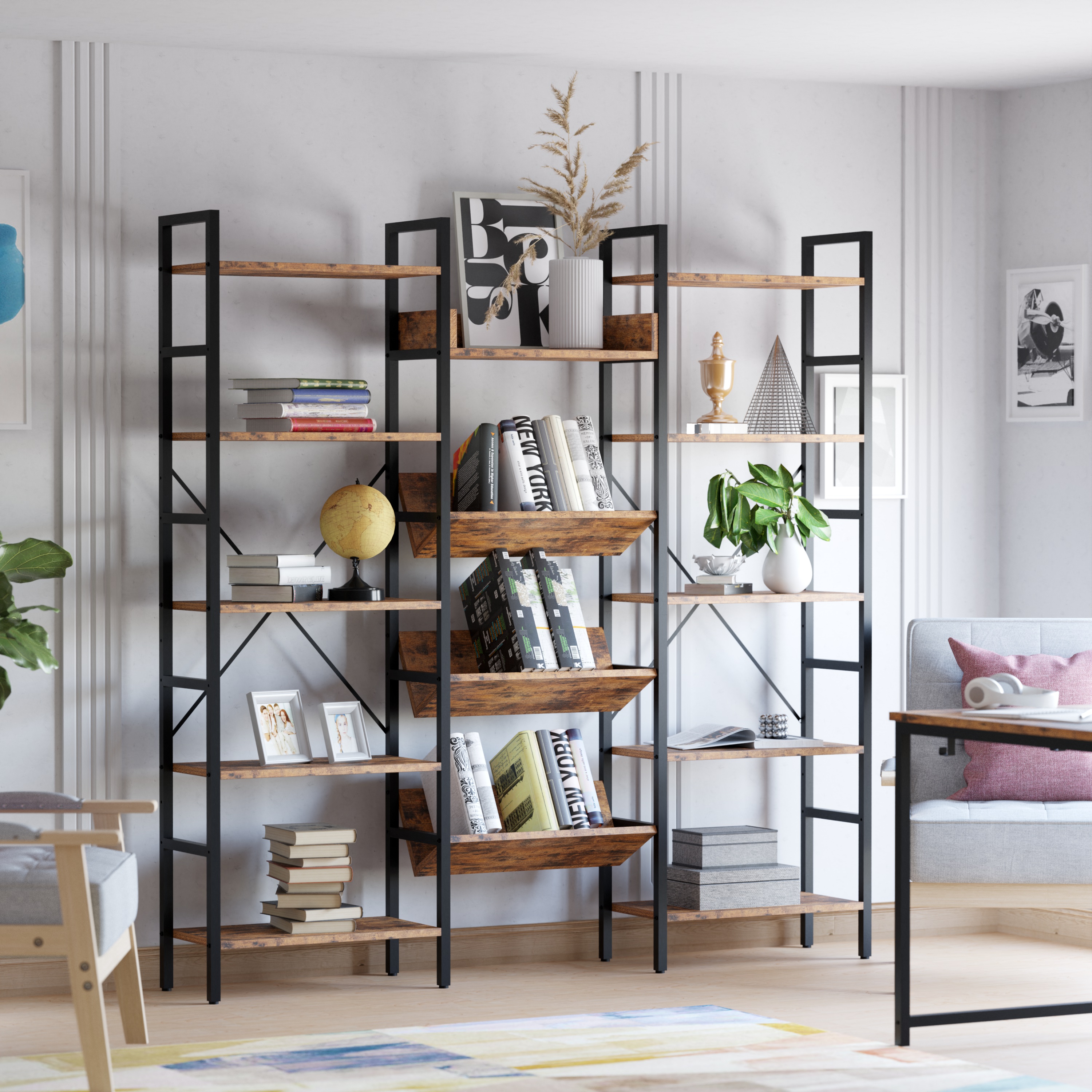 Ironck Estante Industrial, Etagere Grande, Estantes e Estantes, Triplo Largo, 5 Tiers, Abrir Record Player Prateleiras