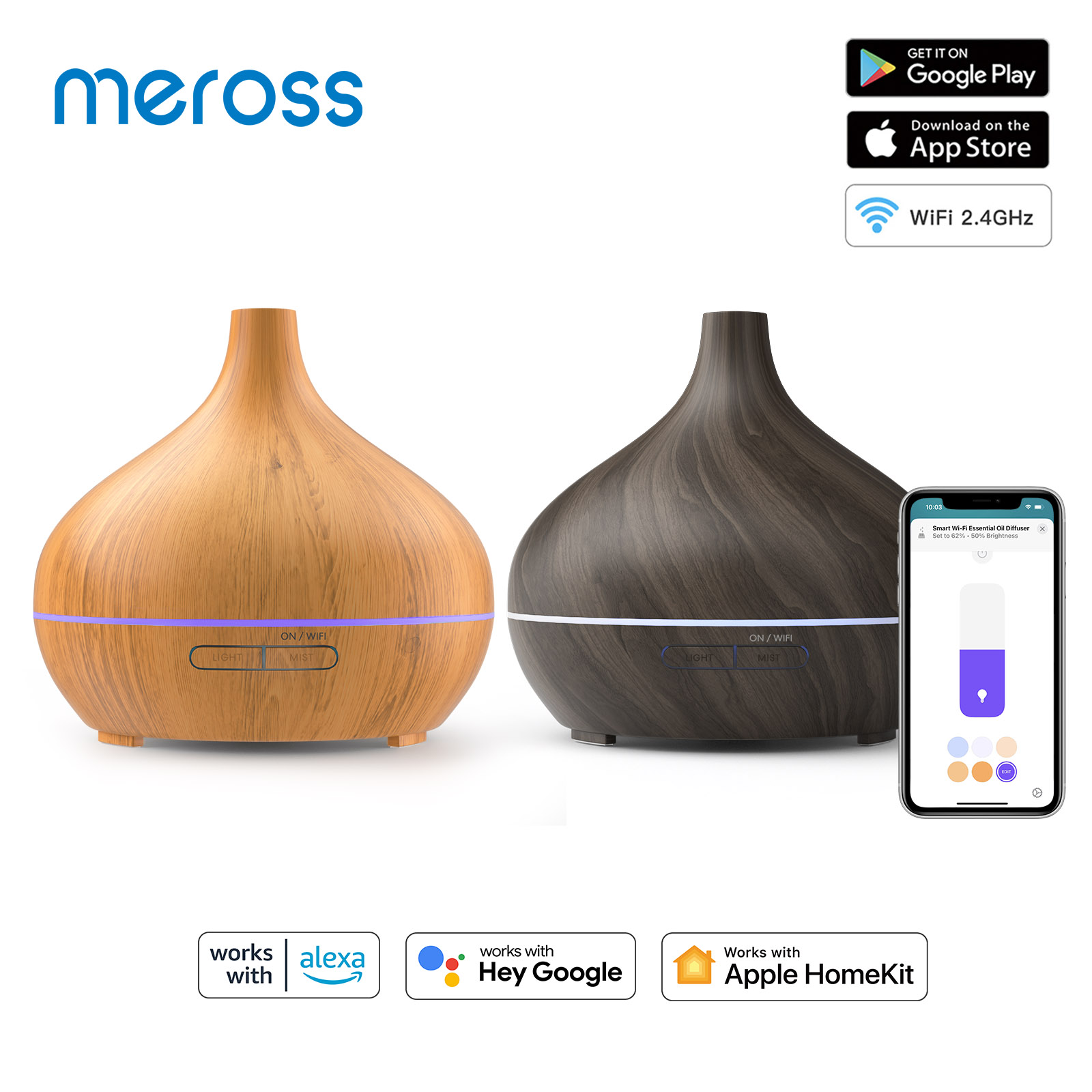 Meross HomeKit-difusor inteligente de aceites esenciales, humidificador de aire con WiFi, enchufe UE/EE. UU./REINO UNIDO/AU, funciona con Apple HomeKit Siri Alexa Google Home