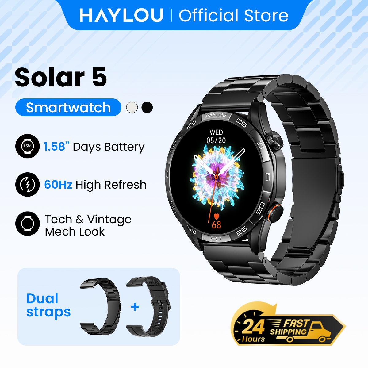 Смарт-часы HAYLOU Solar 5 с функцией голосового вызова, 1,58-дюймовым AMOLED-дисплеем, 60 Гц, 24-часовой мониторинг здоровья, сп