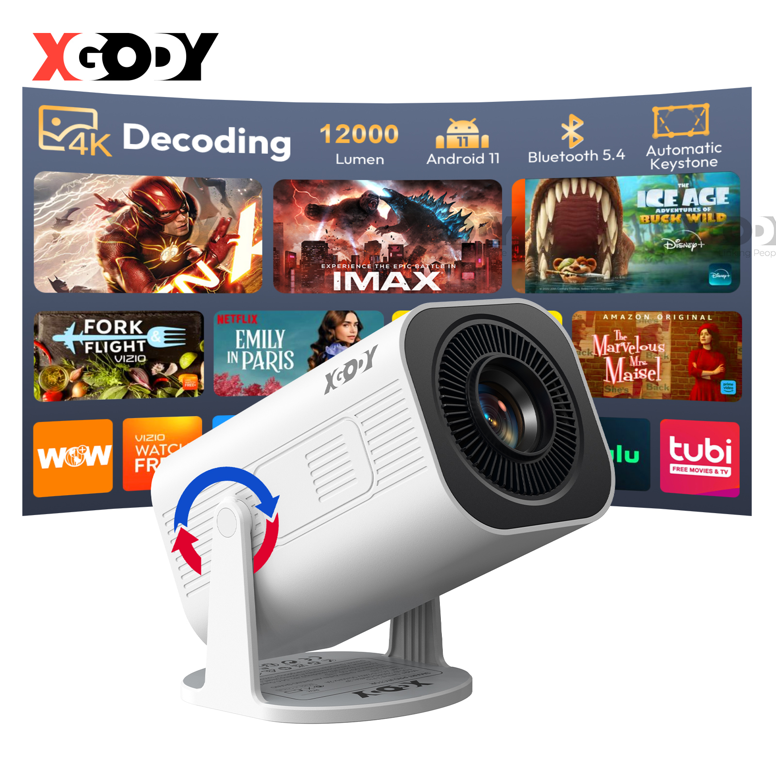 Proyector XGODY Gimbal 3 Pro 4K Wifi6 Android Mini Beamer 300 ANSI Doble WIFI BT5.4 1280*720P Cine en Casa Portátil para Exteriores