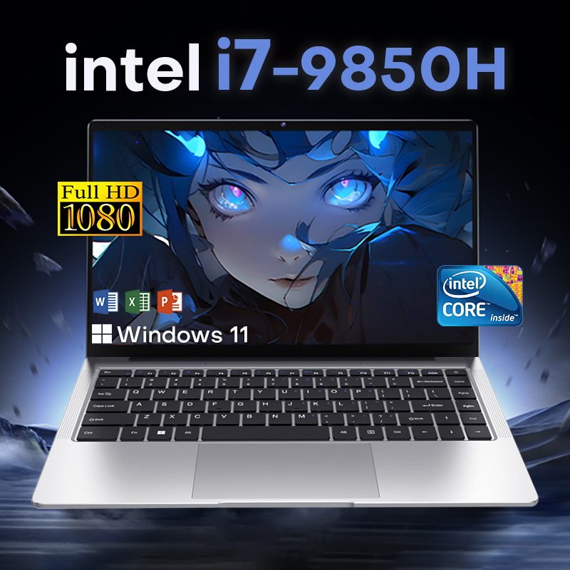 Computador portátil de 14,1 polegadas com Intel Core i7-9850H, 12GB de RAM, SSD de 512GB/1TB, tela HD, Windows 11 Pro, notebook portátil para estudantes, negócios e trabalho.