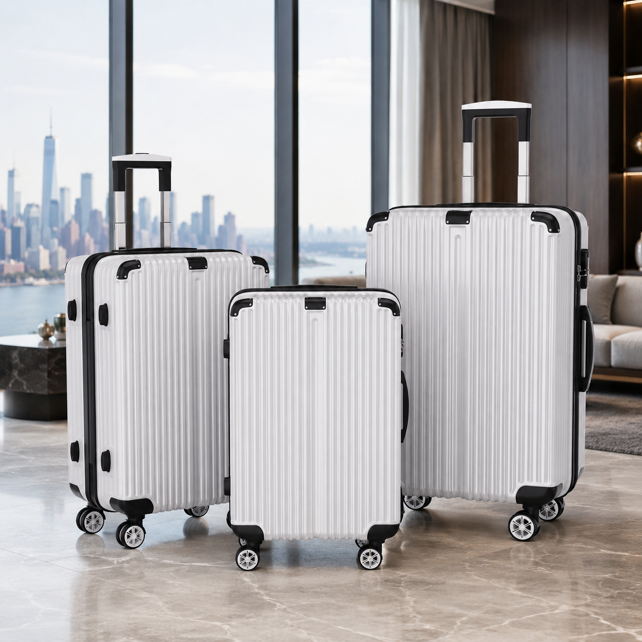 This three-piece hard-shell suitcase set includes an electronic luggage scale, a TSA lock, silent 360° spinner wheels, and a well-organized interior. It is available in 20/24/28-inch sizes and is silver