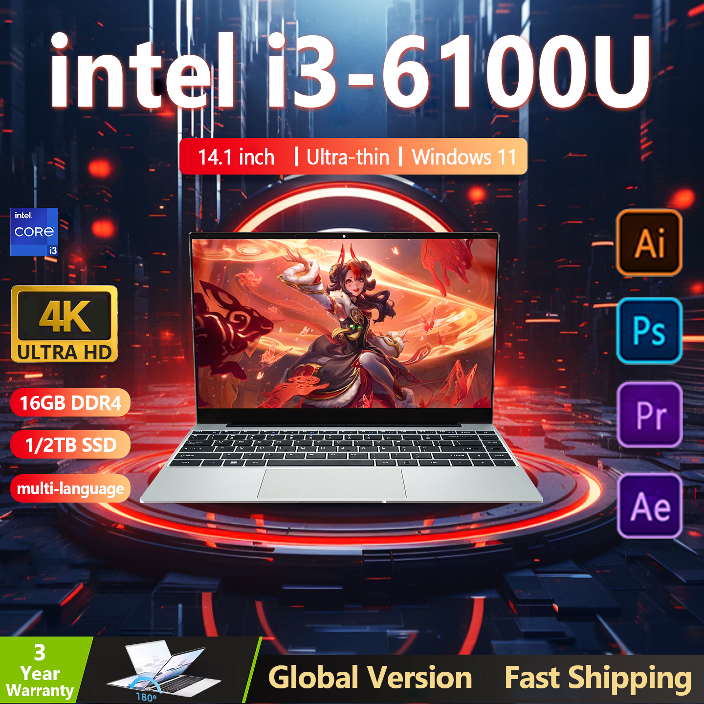 Intel Core i3 6100U Laptop Windows 11 Pro 16GB RAM 1TB/2TB M.2 SSD 14,1 inch Ultradunne Computer Gaming PC Kantoor Studie Zakelijk