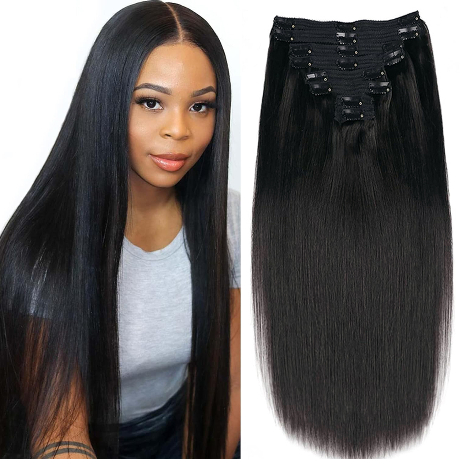 Rechte Clip In Extensions Menselijk Haar Braziliaanse Clip In Natuurlijke Zwarte Kleur Clip Ins Remy Haar Voor Vrouwen Clip in Extension 120G
