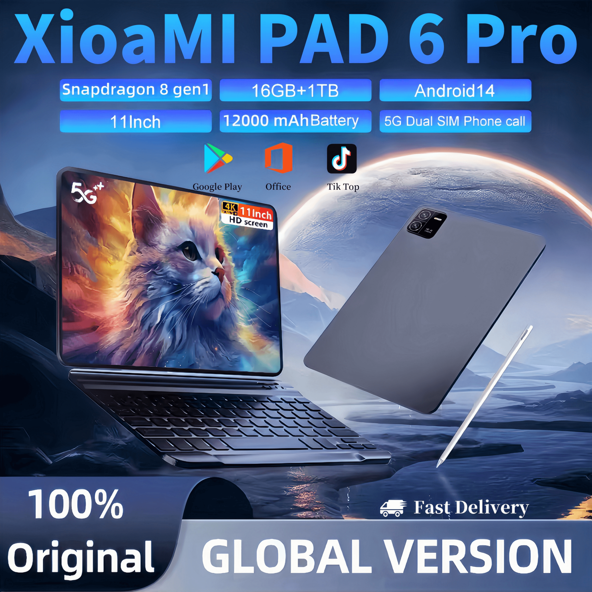 2024 nouveau Pad 6 Pro XioaMi tablettes 11 pouces 4K 16GB + 1TB 12000mAh Snapdragon 8gen1 Android 14 5G double SIM appel téléphonique MI tablette PC