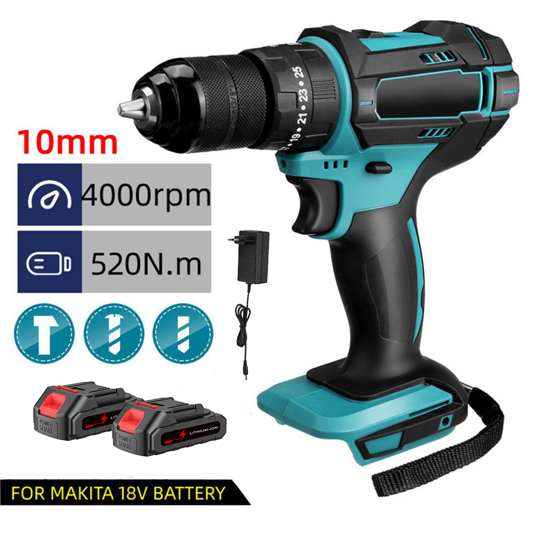 3-in-1 520N. M Torque Elektrischer Schlagbohrer 4000 U/min 10mm Bohrfutter Flachbohrer Hammer Elektroschrauber Geeignet für Makita 18V Akku