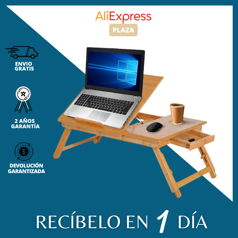 Max Star Mesa de Ordenador Portatil de Bambu 100% Ecologica Natural Bandeja de Cama de Desayuno Plegable Altura e Inclinación Regulable Mesas de Escritorios Plegable Un Cajon 55x35x22-30cm Mueble Mesa Multifuncional