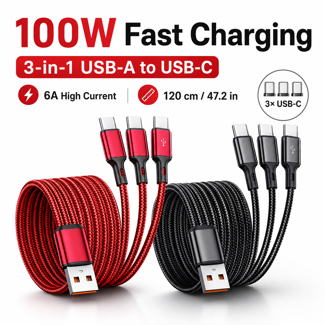 Кабель USB A на 3 Type C 3-в-1, 100 Вт, 6 А, для быстрой зарядки и передачи данных, для телефонов Samsung, Xiaomi, Huawei, Android