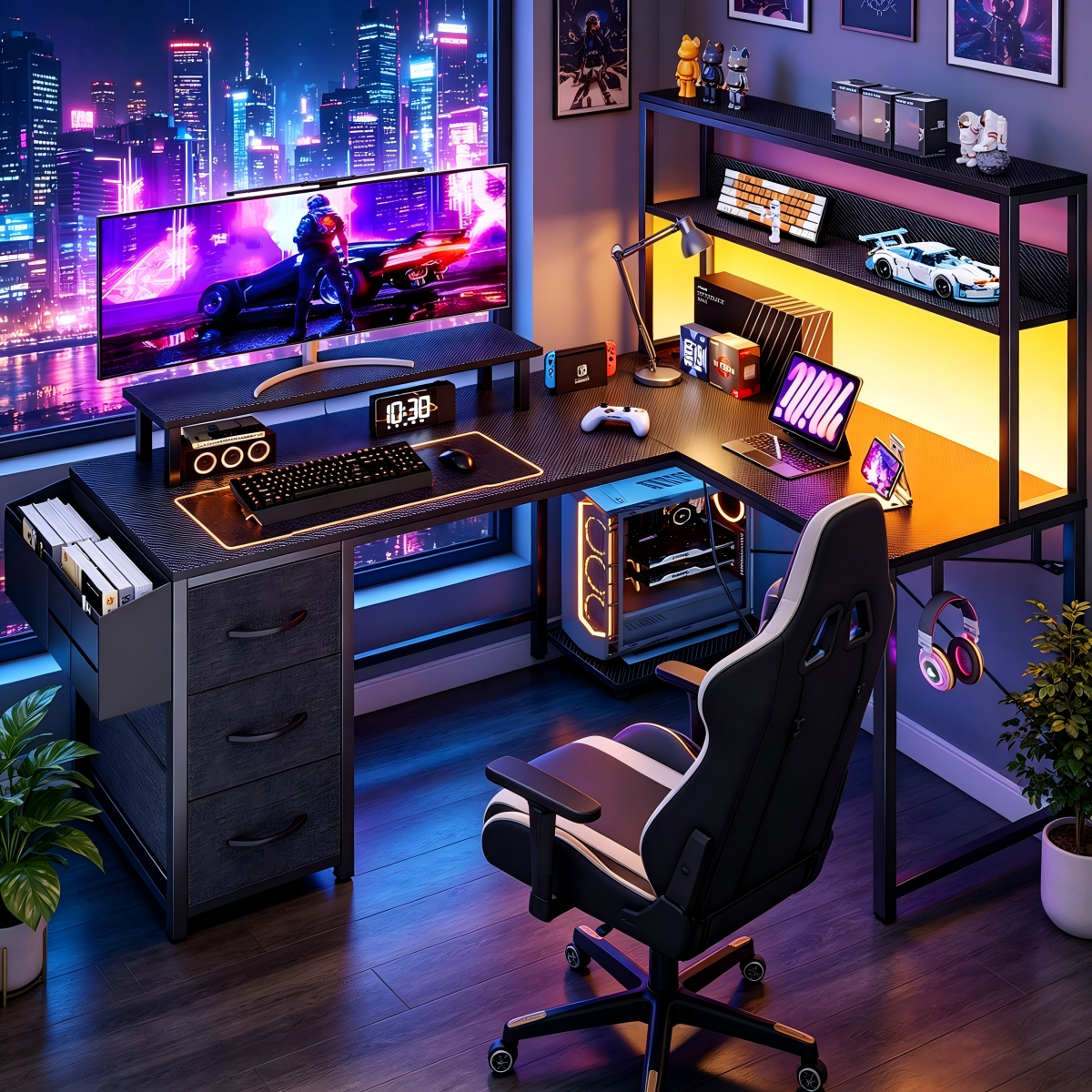 Mesa em L com suporte para monitor, Mesa Gamer com iluminação LED, Mesa para Computador com tomada, Mesa Angulada com gaveta para arquivo e suporte para tela