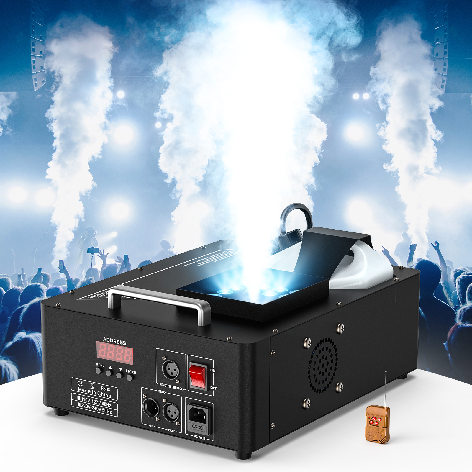 1500W maszyna do dymu 3 in1 RGB 24 LEDs DMX512 zdalne oświetlenie sceniczne rozpylacz do DJ Disco Party Halloween Wedding