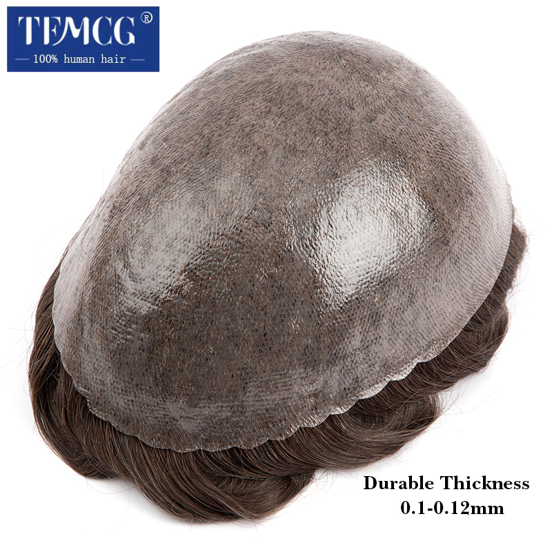 Prostesis Rambut Pria 0.1-0.12mm Kulit Injeksi Wig Pria Tahan Lama Untuk Pria Sistem Rambut Manusia Alami Unit Prostesis Kapiler