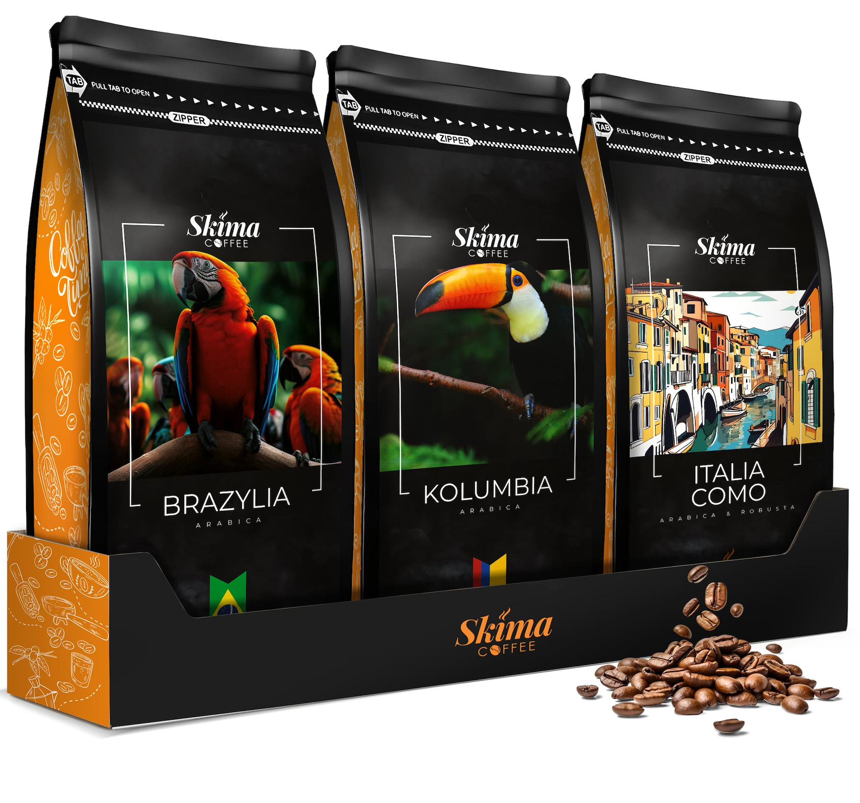 Ganze Kaffeebohnen 3x1kg BRASILIEN/KOLUMBIA/ITALIEN COMO Frisch + GRATIS