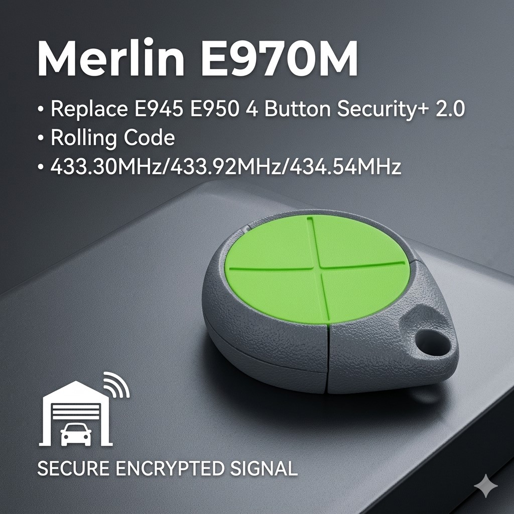 Controle Remoto para Portão de Garagem Merlin E970M E945 E950 com 4 Botões, Segurança+ 2.0, Operador de Portão de Enrolar com Código Rolante