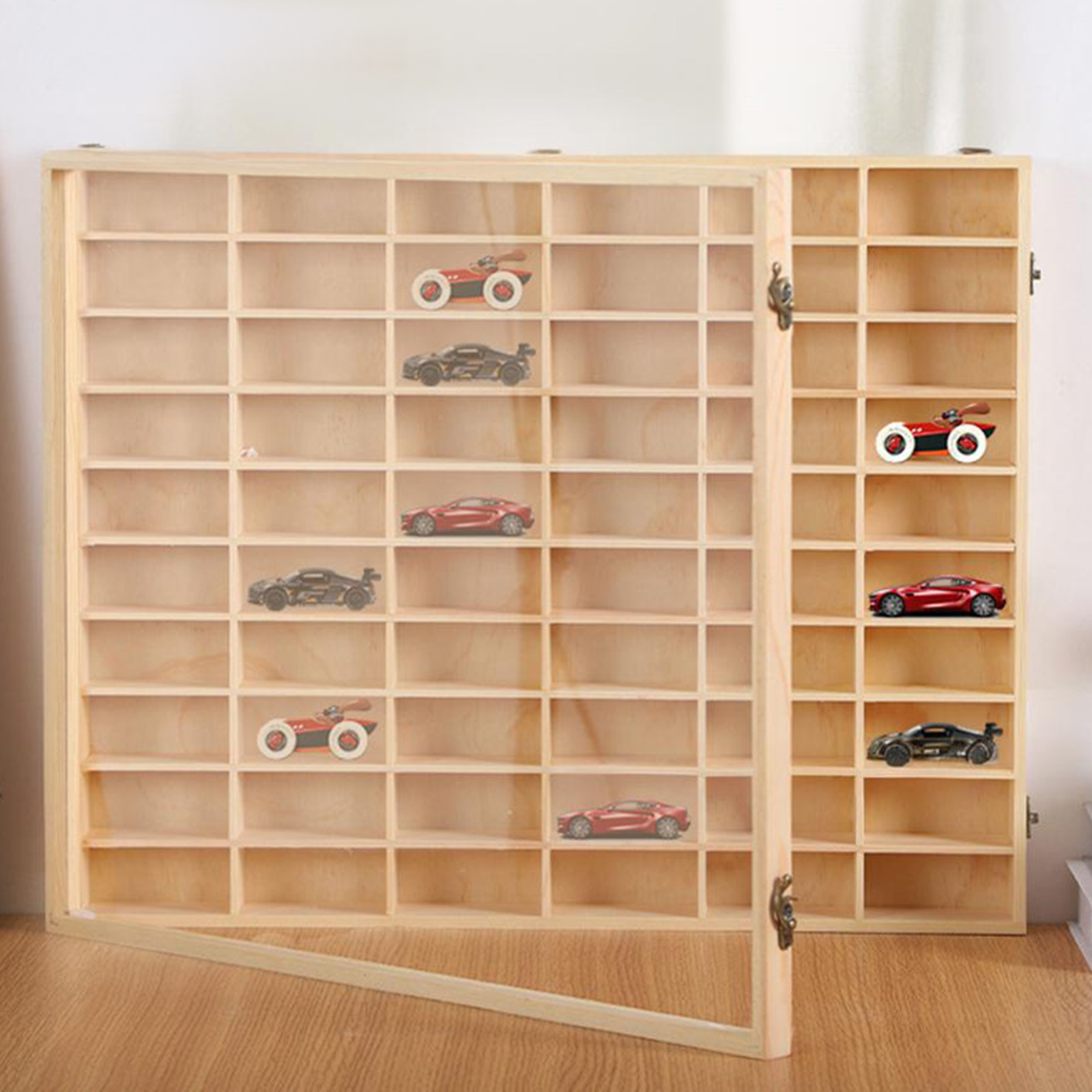 Houten speelgoedauto-vitrine Wandgemonteerde multifunctionele houten organizer Modelauto-opbergrek 60-raster met stofdichte deur