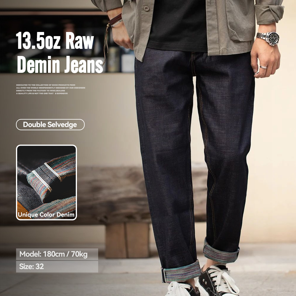 Maden vintage colorido algodão cru jeans para homens 13.5 oz ourela jeans cintura média calças retas streetwear